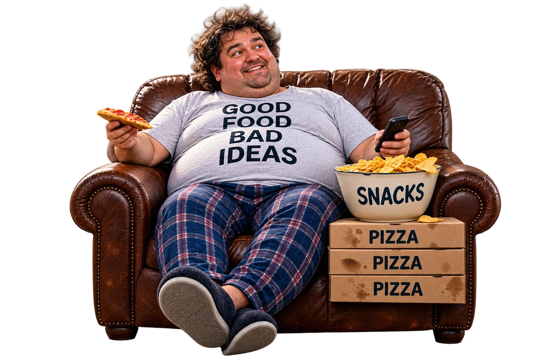 The Fat Man relaxing in a leather chair with pizza and snacks